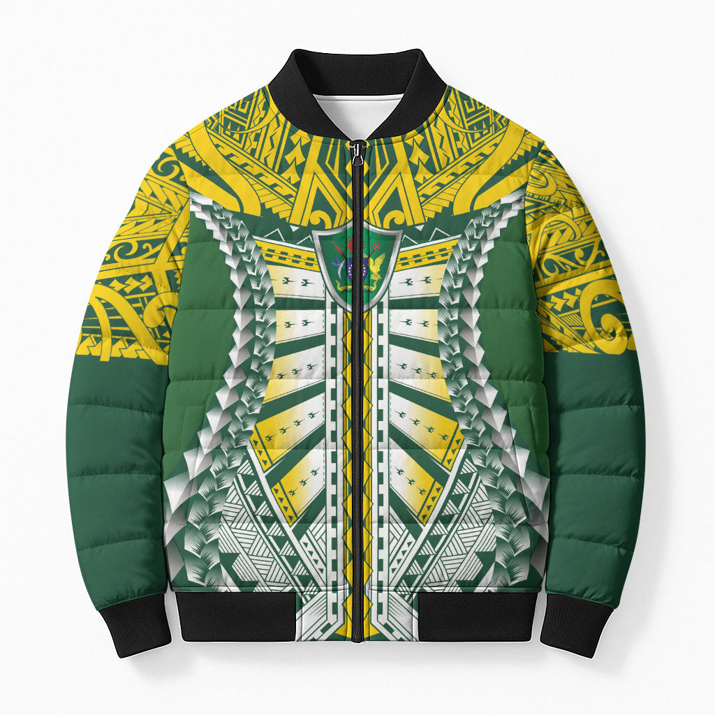 Cook Islands 1965 National Pride Bomber Puffer Jacket Green Yellow Tribal Pattern LT9 Unisex Green - Polynesian Pride