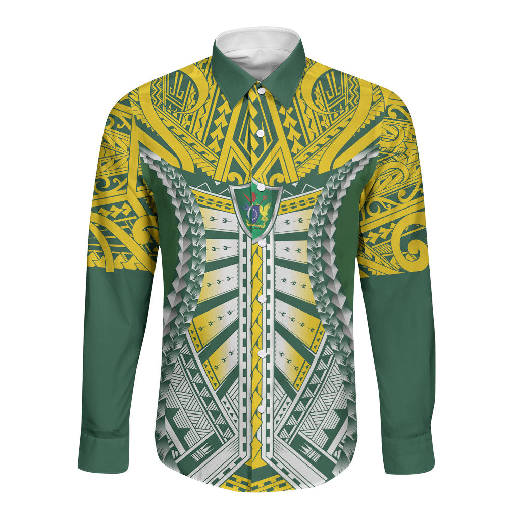Cook Islands 1965 National Pride Long Sleeve Button Shirt Green Yellow Tribal Pattern LT9 Unisex Green - Polynesian Pride