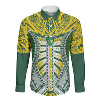 Cook Islands 1965 National Pride Long Sleeve Button Shirt Green Yellow Tribal Pattern LT9 Unisex Green - Polynesian Pride