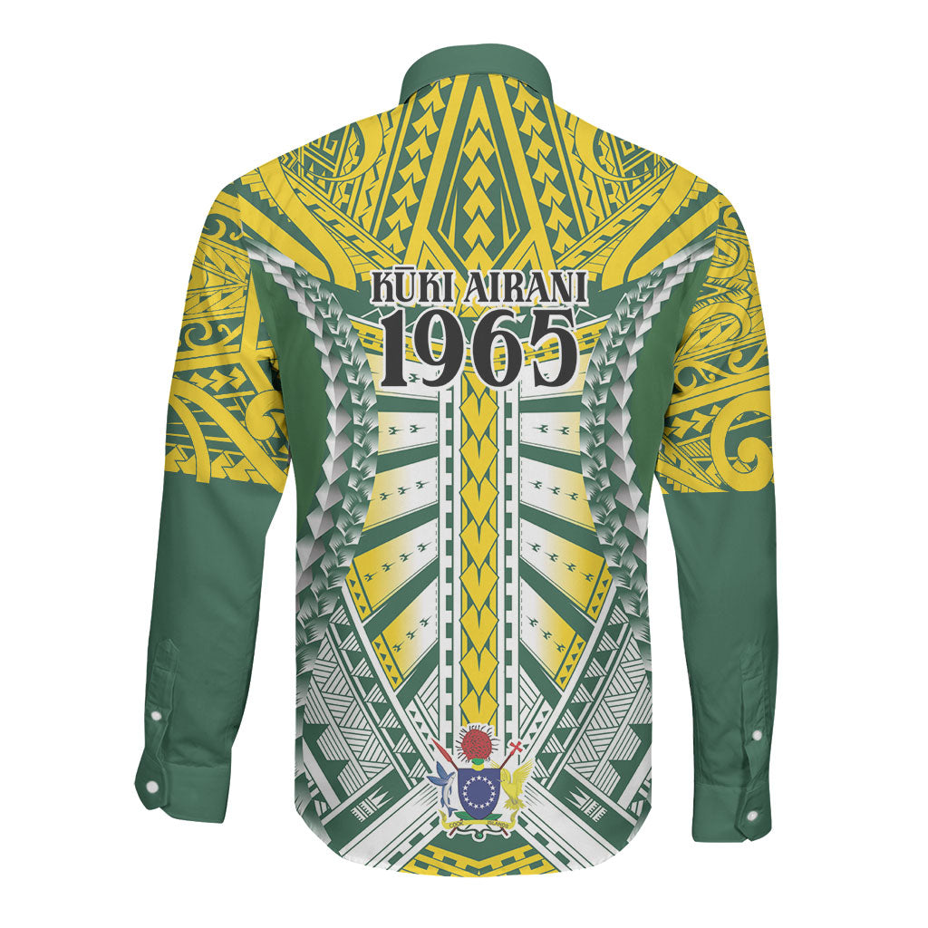 Cook Islands 1965 National Pride Long Sleeve Button Shirt Green Yellow Tribal Pattern LT9 - Polynesian Pride