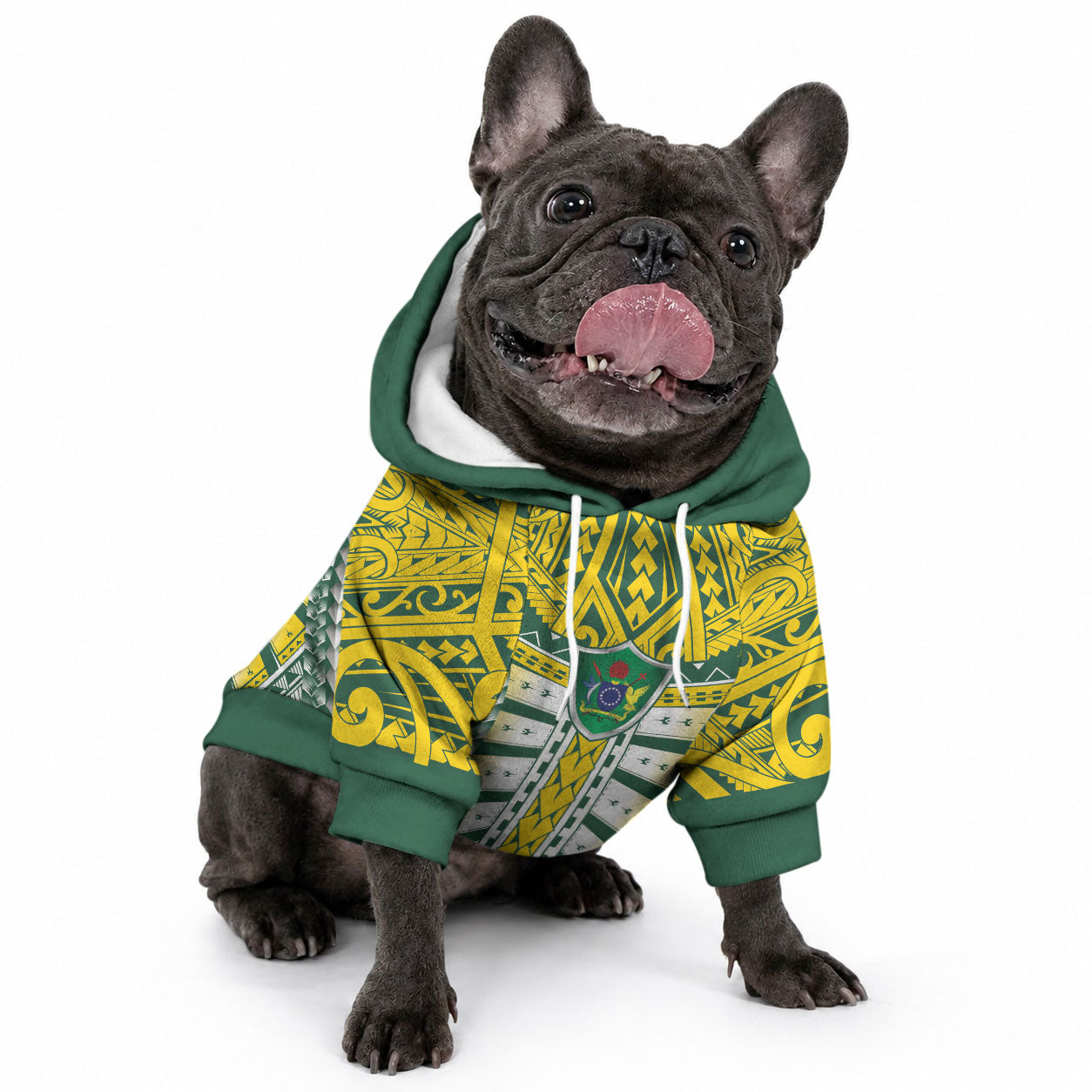Cook Islands 1965 National Pride Pet Hoodie Green Yellow Tribal Pattern LT9 - Polynesian Pride