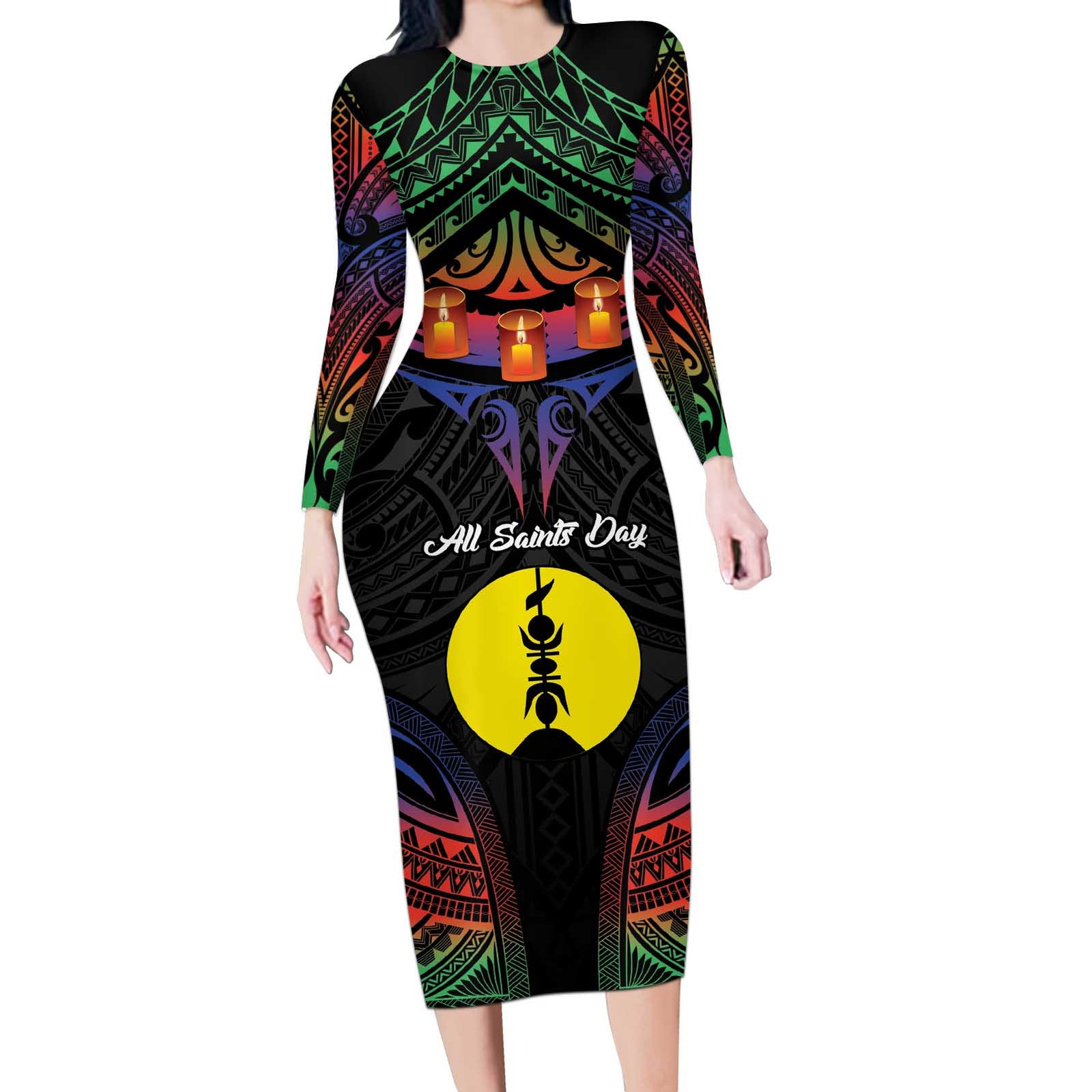 Personalised New Caledonia All Saints Day Long Sleeve Bodycon Dress Candle Light with Polynesian Style LT9 Long Dress Black - Polynesian Pride