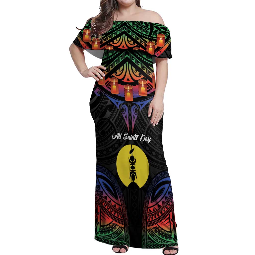 Personalised New Caledonia All Saints Day Off Shoulder Maxi Dress Candle Light with Polynesian Style LT9 Women Black - Polynesian Pride