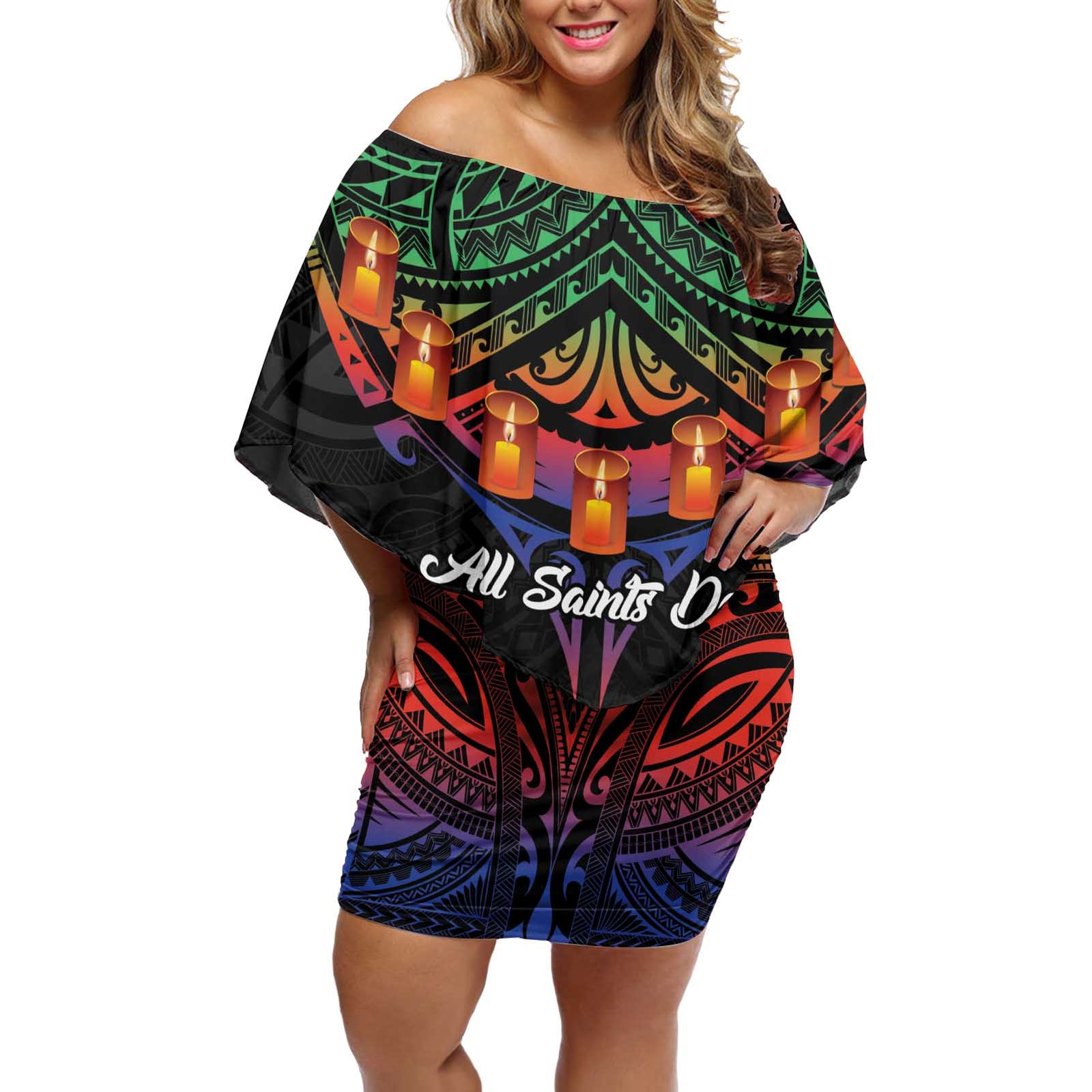 Personalised New Caledonia All Saints Day Off Shoulder Short Dress Candle Light with Polynesian Style LT9 Women Black - Polynesian Pride