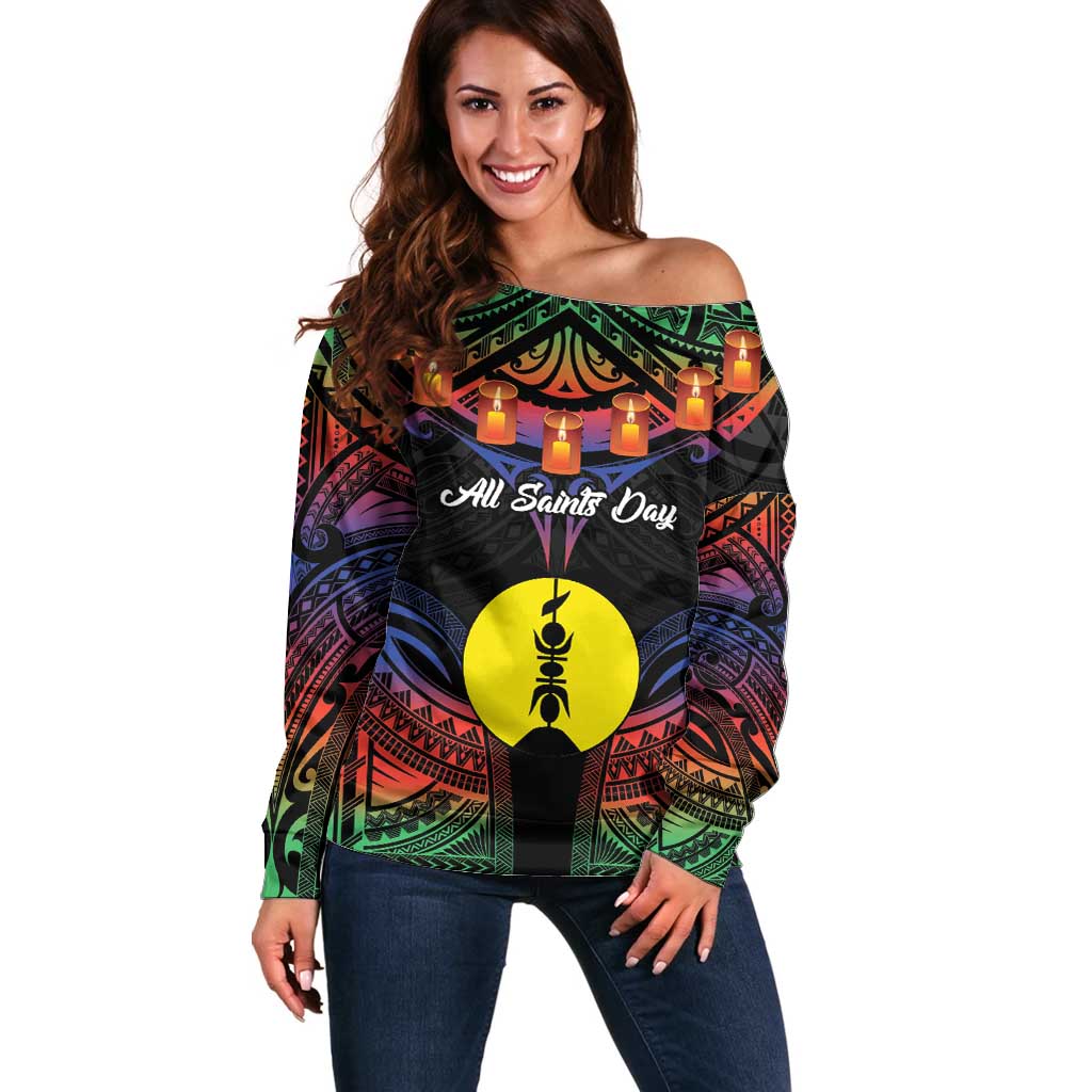 Personalised New Caledonia All Saints Day Off Shoulder Sweater Candle Light with Polynesian Style