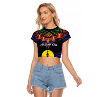 Personalised New Caledonia All Saints Day Raglan Cropped T Shirt Candle Light with Polynesian Style LT9 Female Black - Polynesian Pride