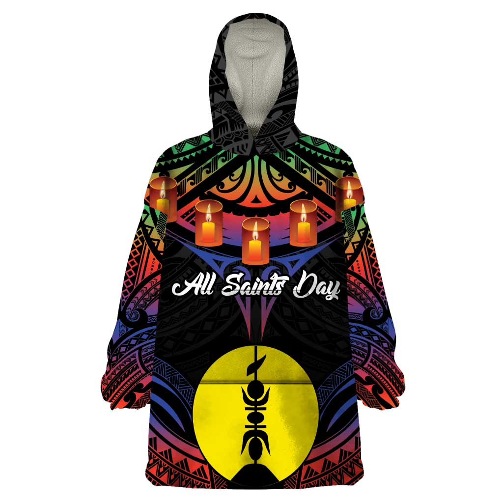 Personalised New Caledonia All Saints Day Wearable Blanket Hoodie Candle Light with Polynesian Style LT9 One Size Black - Polynesian Pride