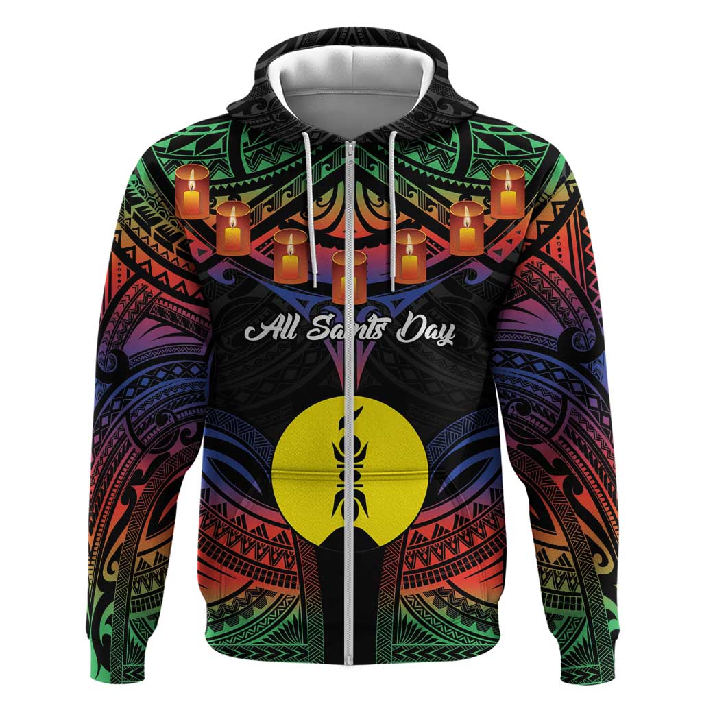 Personalised New Caledonia All Saints Day Zip Hoodie Candle Light with Polynesian Style LT9 Zip Hoodie Black - Polynesian Pride