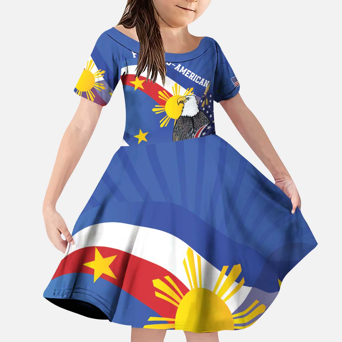 Personalized Filipino-American Kid Short Sleeve Dress Philippines Coat Of Arms with Bald Eagle LT9 KID White - Polynesian Pride
