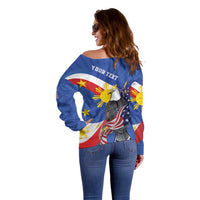 Personalized Filipino-American Off Shoulder Sweater Philippines Coat Of Arms with Bald Eagle LT9 - Polynesian Pride