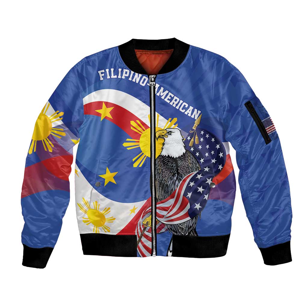 Personalized Filipino-American Sleeve Zip Bomber Jacket Philippines Coat Of Arms with Bald Eagle LT9 Unisex White - Polynesian Pride