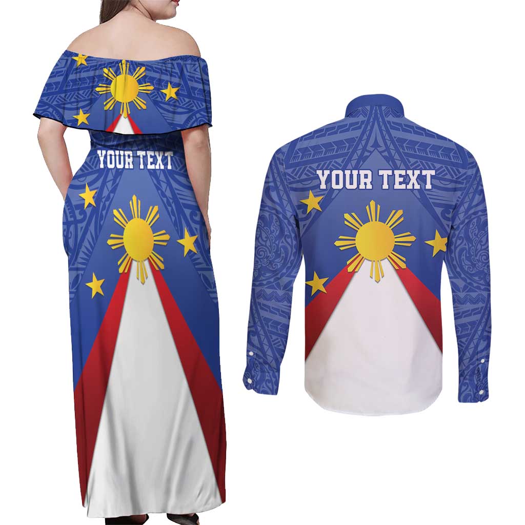 Personalized Pilipinas Eight-Rayed Sun Couples Matching Off Shoulder Maxi Dress and Long Sleeve Button Shirt Philippines Map With Polynesian Style LT9 - Polynesian Pride