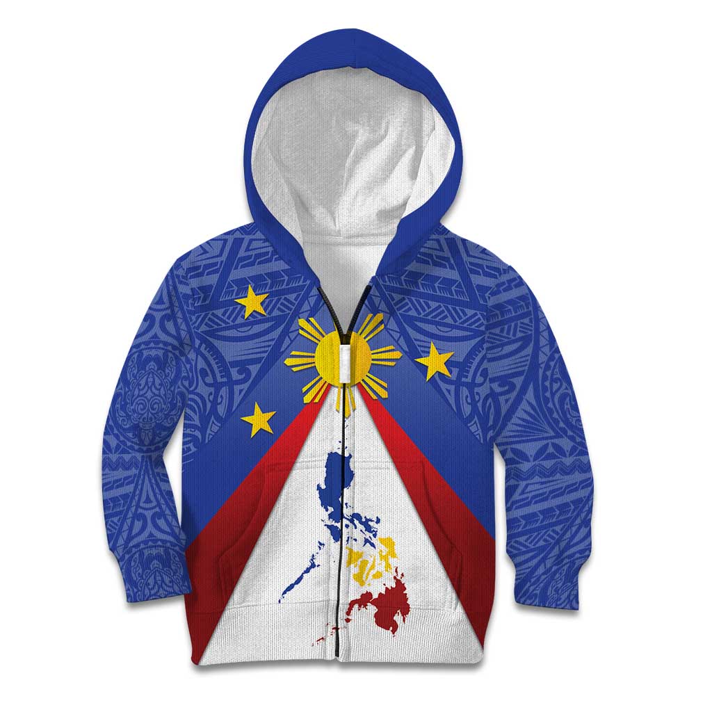 Personalized Pilipinas Eight-Rayed Sun Kid Hoodie Philippines Map With Polynesian Style LT9 Zip Hoodie Blue - Polynesian Pride