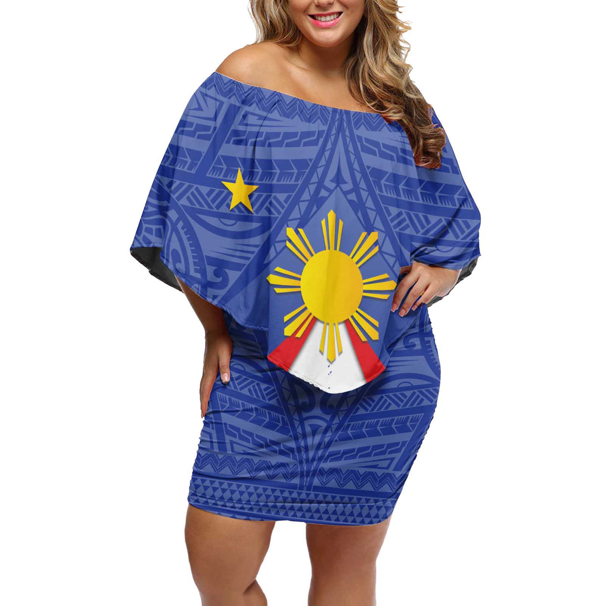 Personalized Pilipinas Eight-Rayed Sun Off Shoulder Short Dress Philippines Map With Polynesian Style LT9 Women Blue - Polynesian Pride