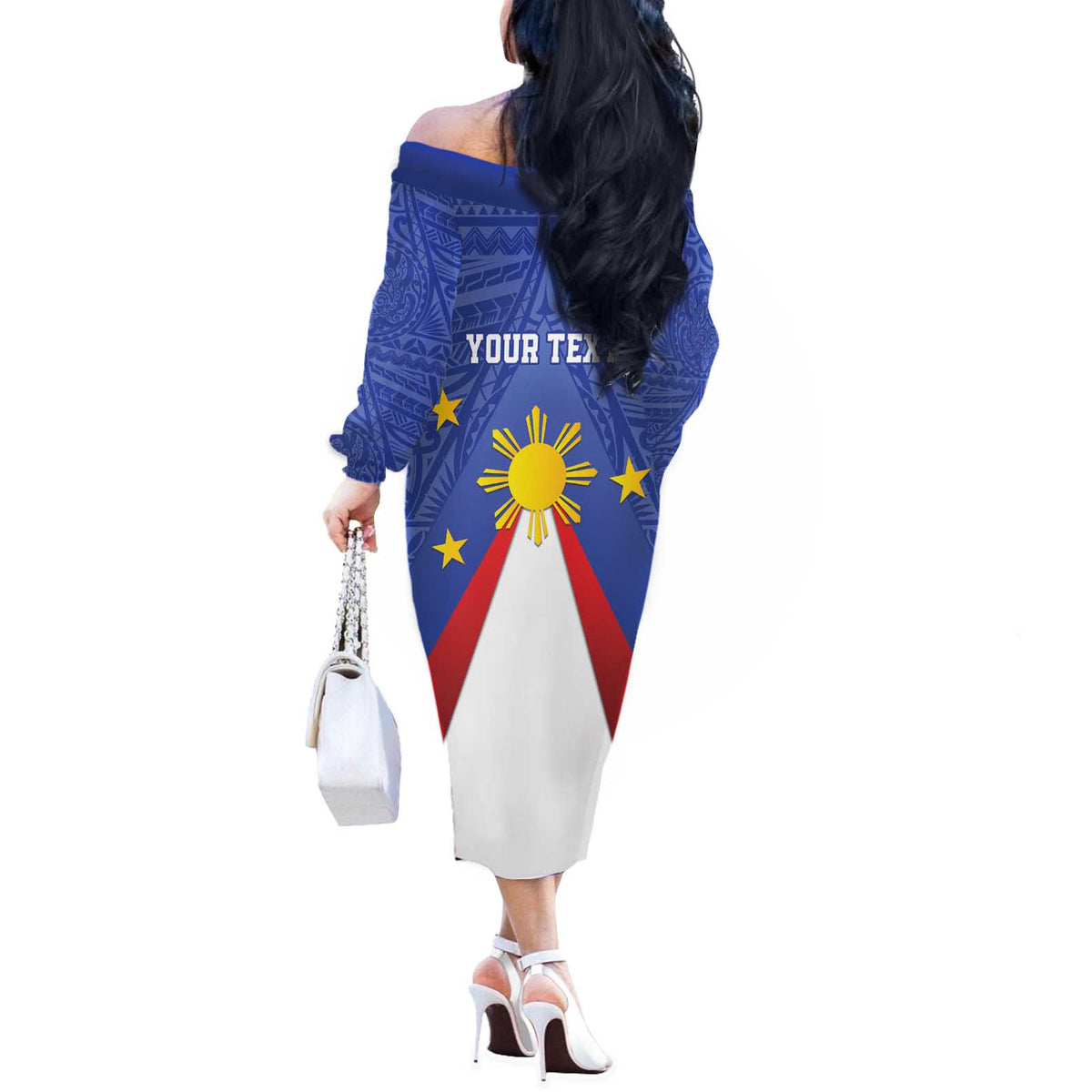 Personalized Pilipinas Eight-Rayed Sun Off The Shoulder Long Sleeve Dress Philippines Map With Polynesian Style LT9 - Polynesian Pride