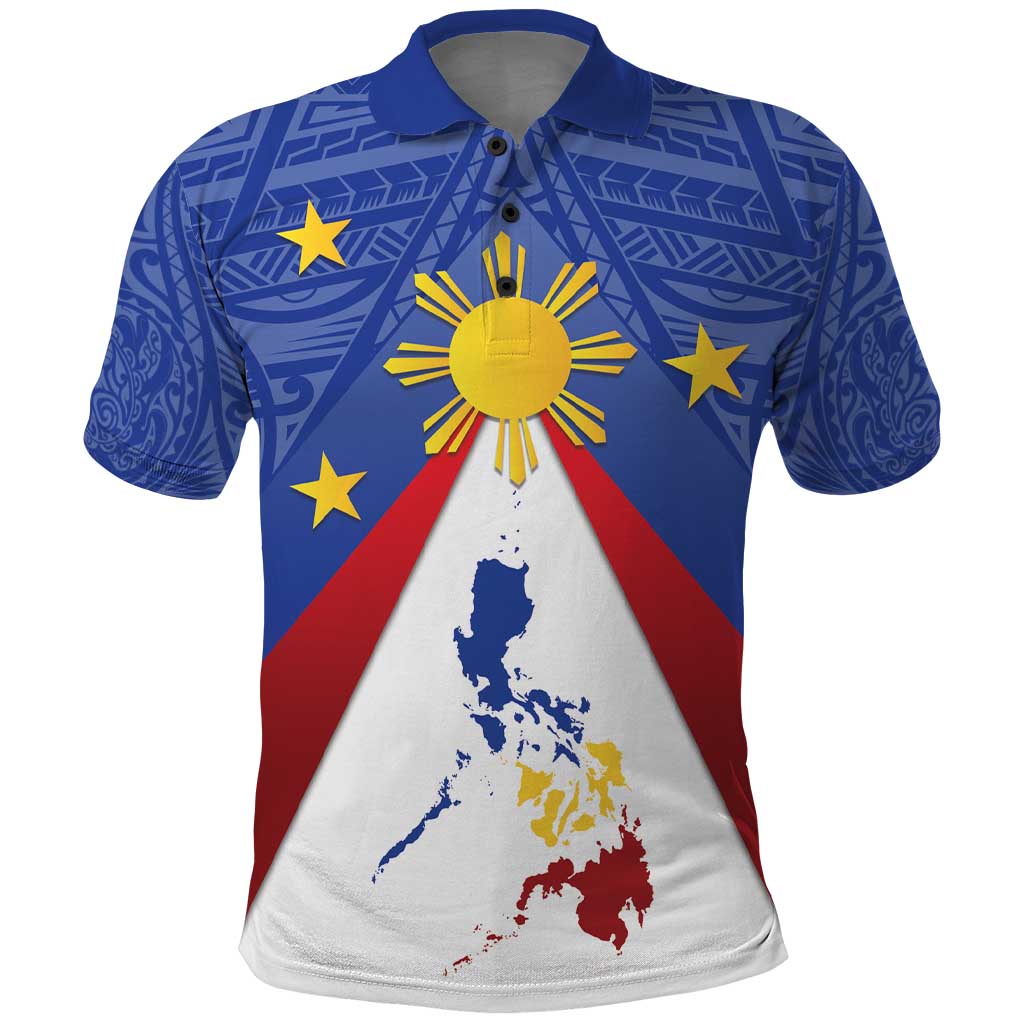Personalized Pilipinas Eight-Rayed Sun Polo Shirt Philippines Map With Polynesian Style LT9 Blue - Polynesian Pride