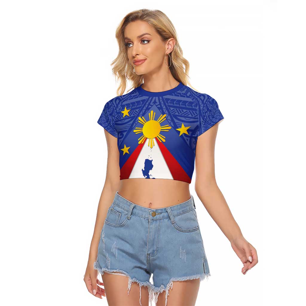 Personalized Pilipinas Eight-Rayed Sun Raglan Cropped T Shirt Philippines Map With Polynesian Style LT9 Female Blue - Polynesian Pride