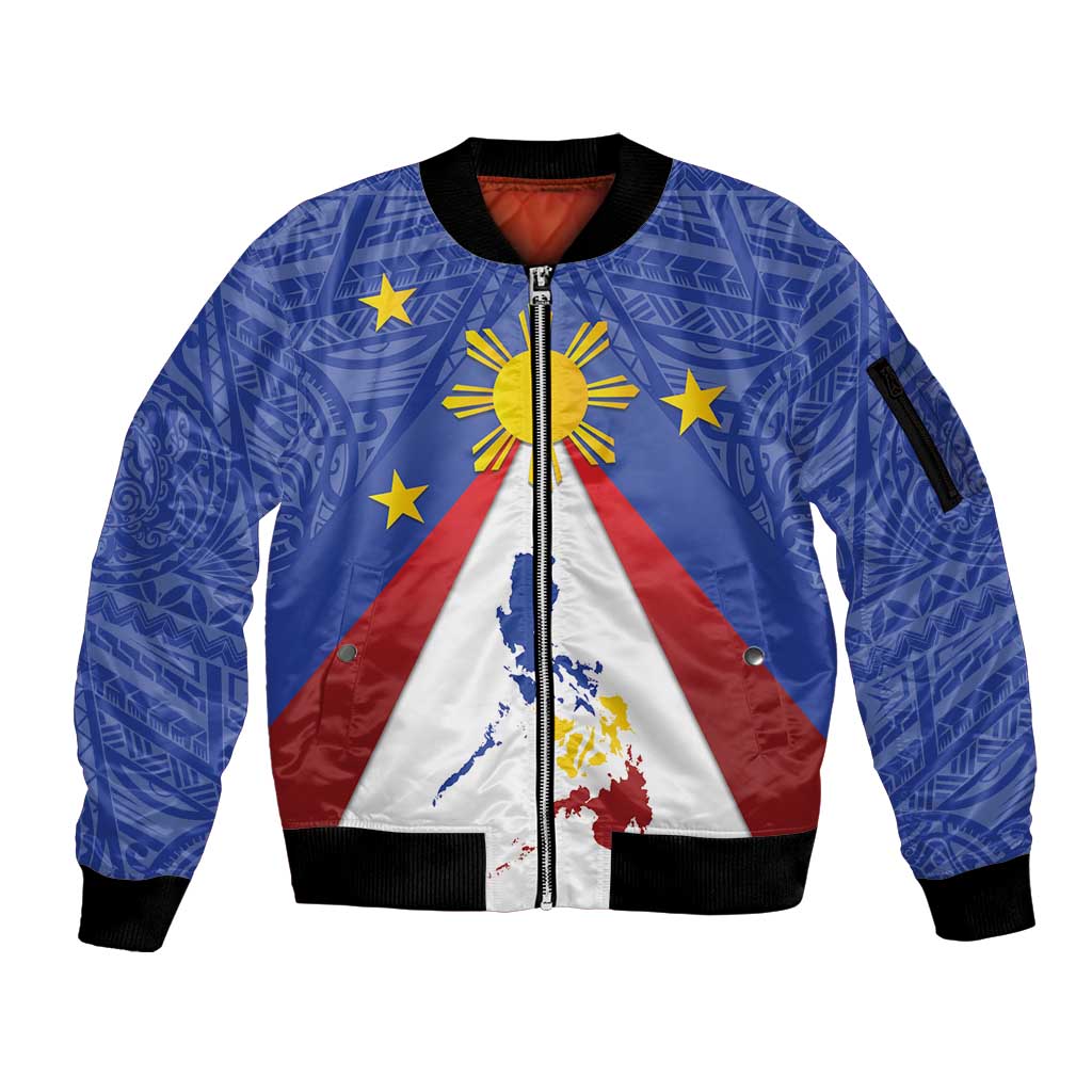 Personalized Pilipinas Eight-Rayed Sun Sleeve Zip Bomber Jacket Philippines Map With Polynesian Style LT9 Unisex Blue - Polynesian Pride