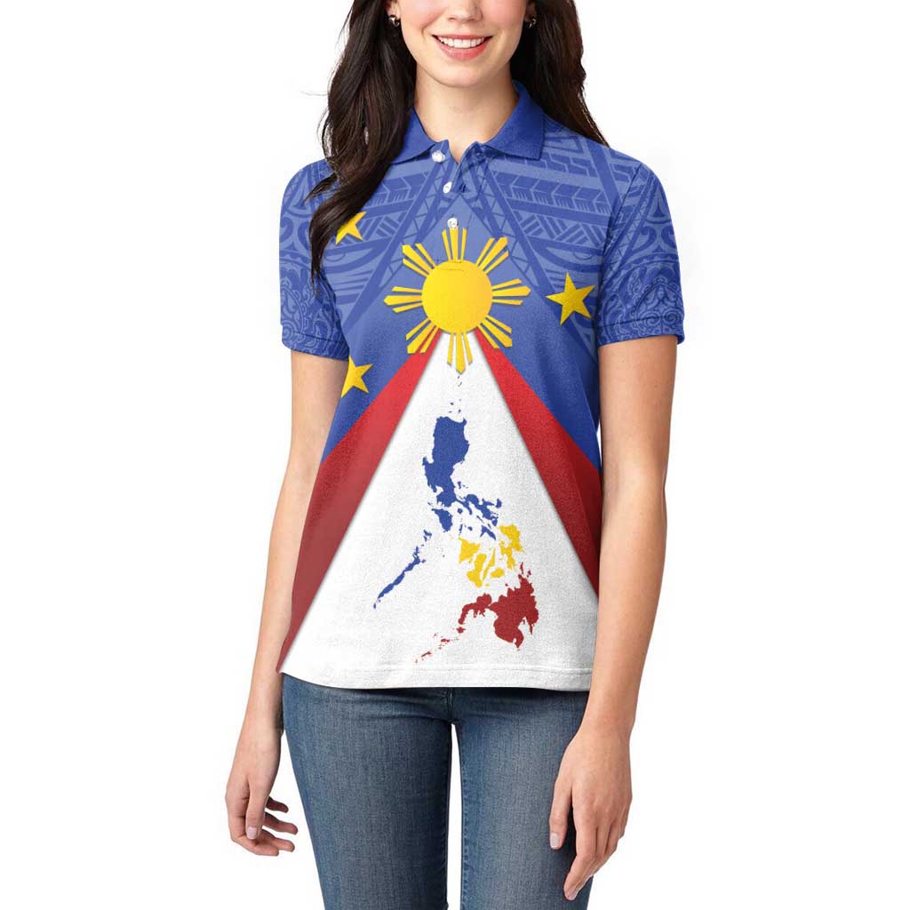 Personalized Pilipinas Eight-Rayed Sun Women Polo Shirt Philippines Map With Polynesian Style LT9 - Polynesian Pride