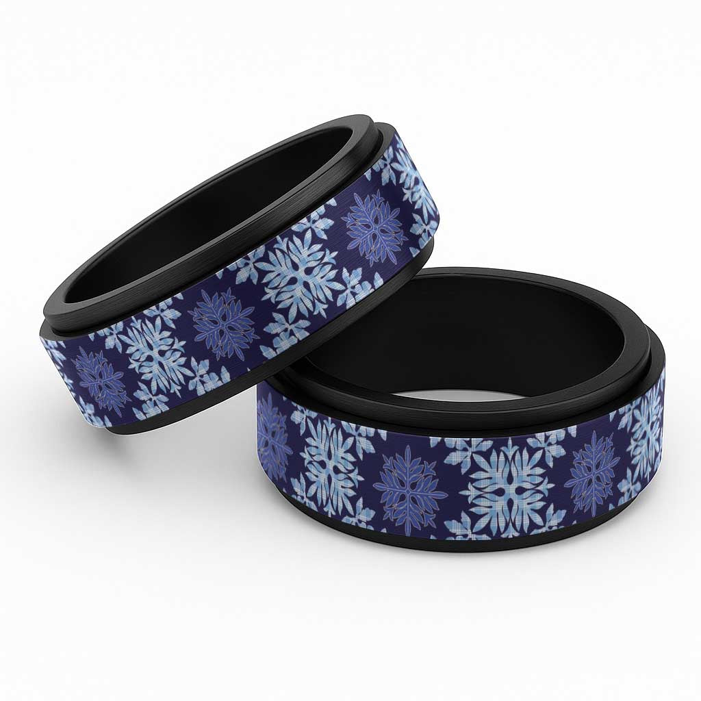 Palaka Hawaiian Quilt Seamless Pattern Spinner Ring LT9 Black Blue - Polynesian Pride