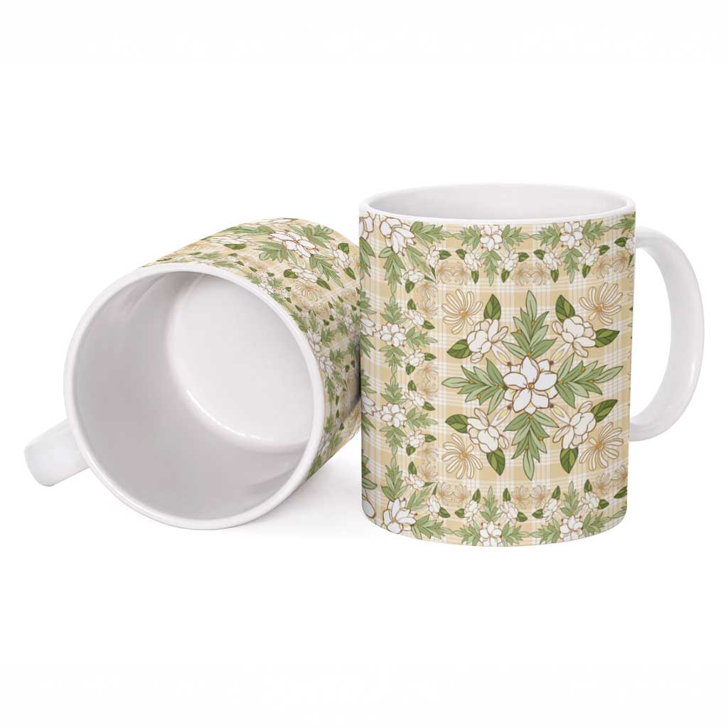 Squares Maile Leaf Ceramic Mug Beige Palaka Hawaiian Quilt Pattern LT9 - Polynesian Pride