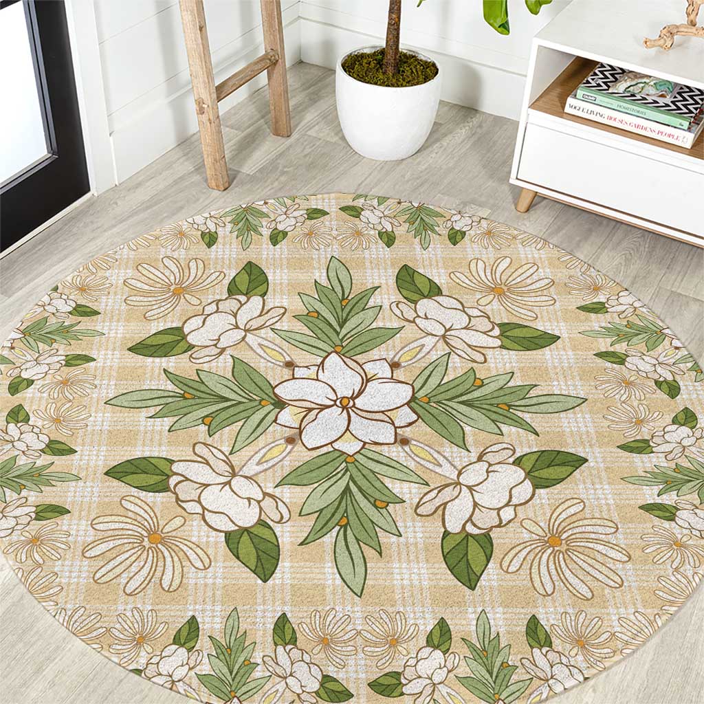 Squares Maile Leaf Round Carpet Beige Palaka Hawaiian Quilt Pattern LT9 Beige - Polynesian Pride