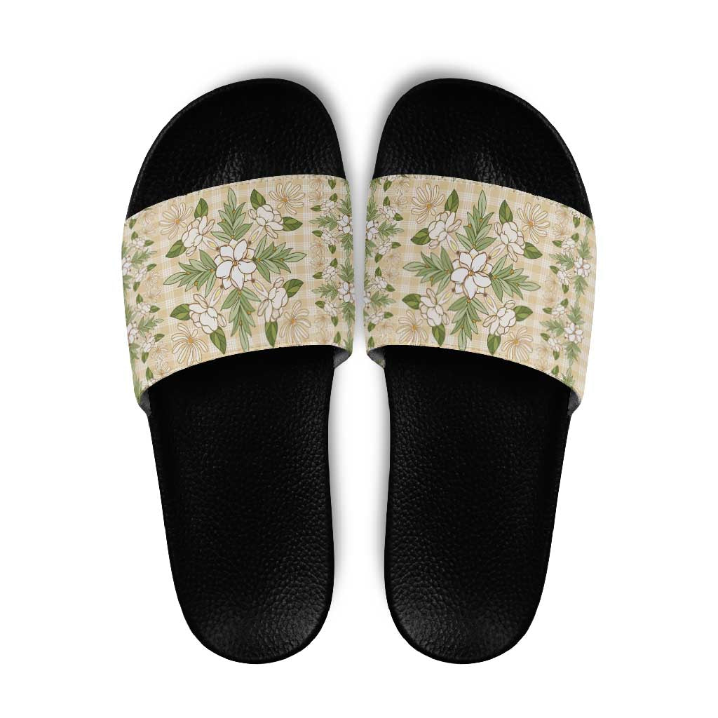 Squares Maile Leaf Slide Sandals Beige Palaka Hawaiian Quilt Pattern LT9 Beige - Polynesian Pride