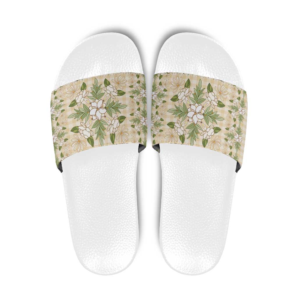 Squares Maile Leaf Slide Sandals Beige Palaka Hawaiian Quilt Pattern LT9 Beige - Polynesian Pride