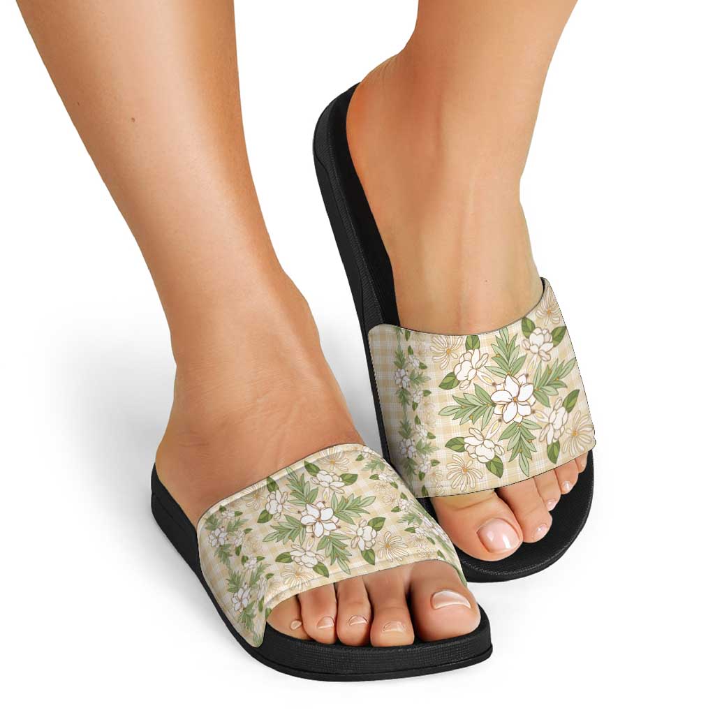 Squares Maile Leaf Slide Sandals Beige Palaka Hawaiian Quilt Pattern LT9 - Polynesian Pride