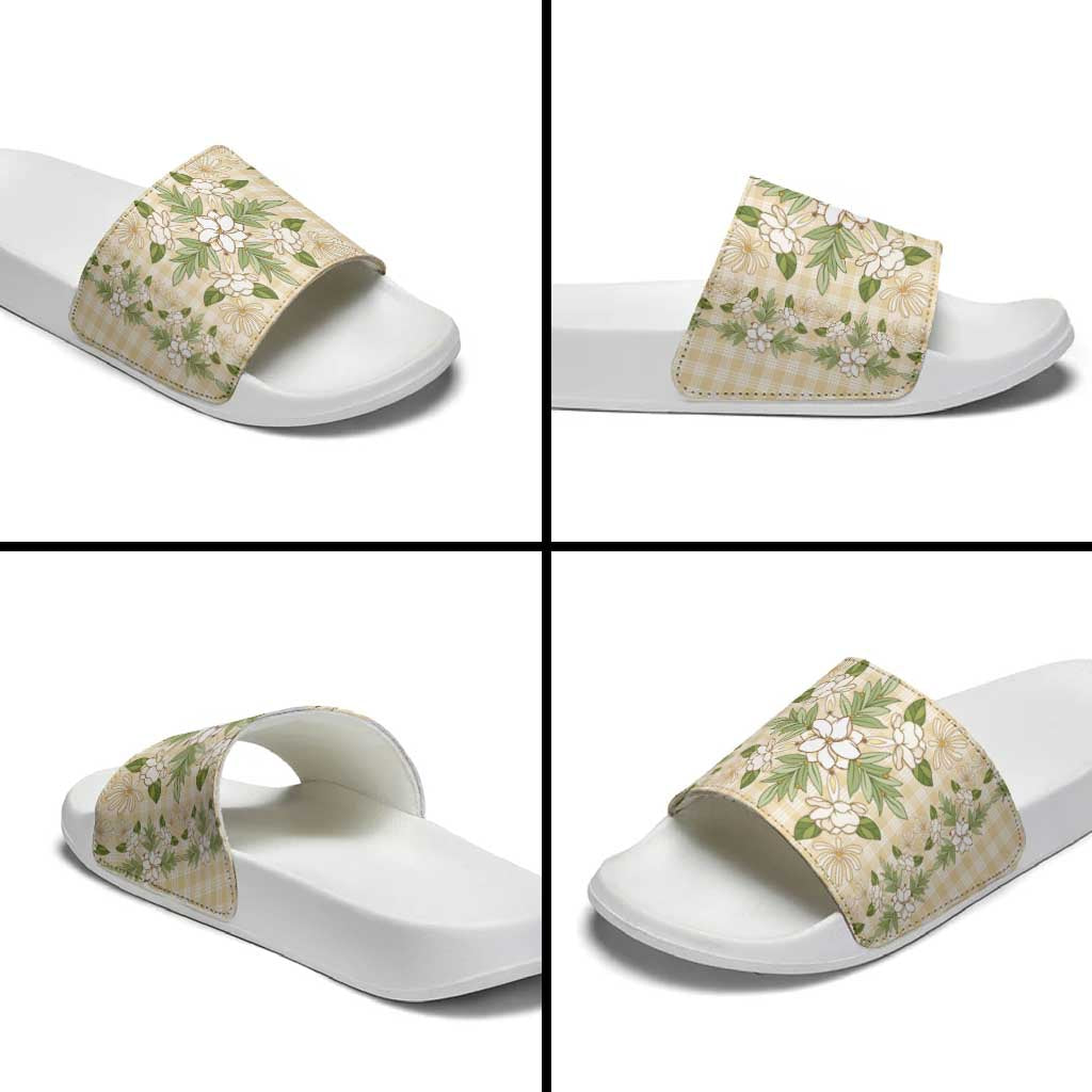 Squares Maile Leaf Slide Sandals Beige Palaka Hawaiian Quilt Pattern LT9 - Polynesian Pride