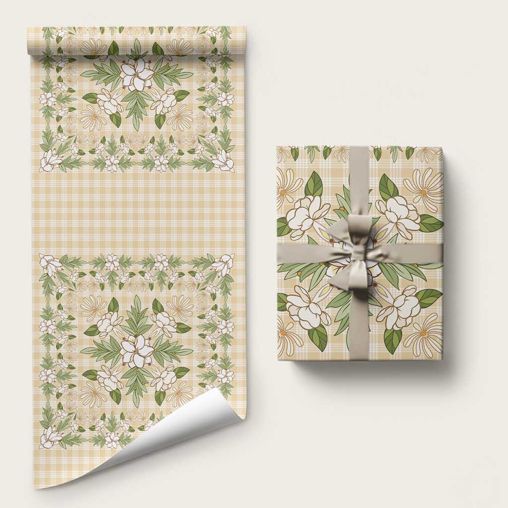 Squares Maile Leaf Wrapping Paper Beige Palaka Hawaiian Quilt Pattern LT9 58" × 23" Beige - Polynesian Pride