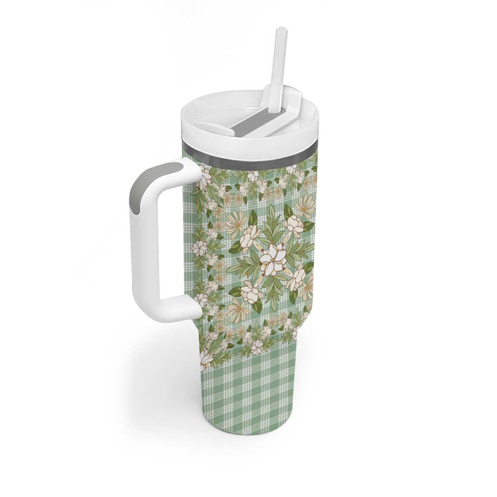 Squares Maile Leaf Tumbler With Handle Turquoise Palaka Hawaiian Quilt Pattern LT9 - Polynesian Pride