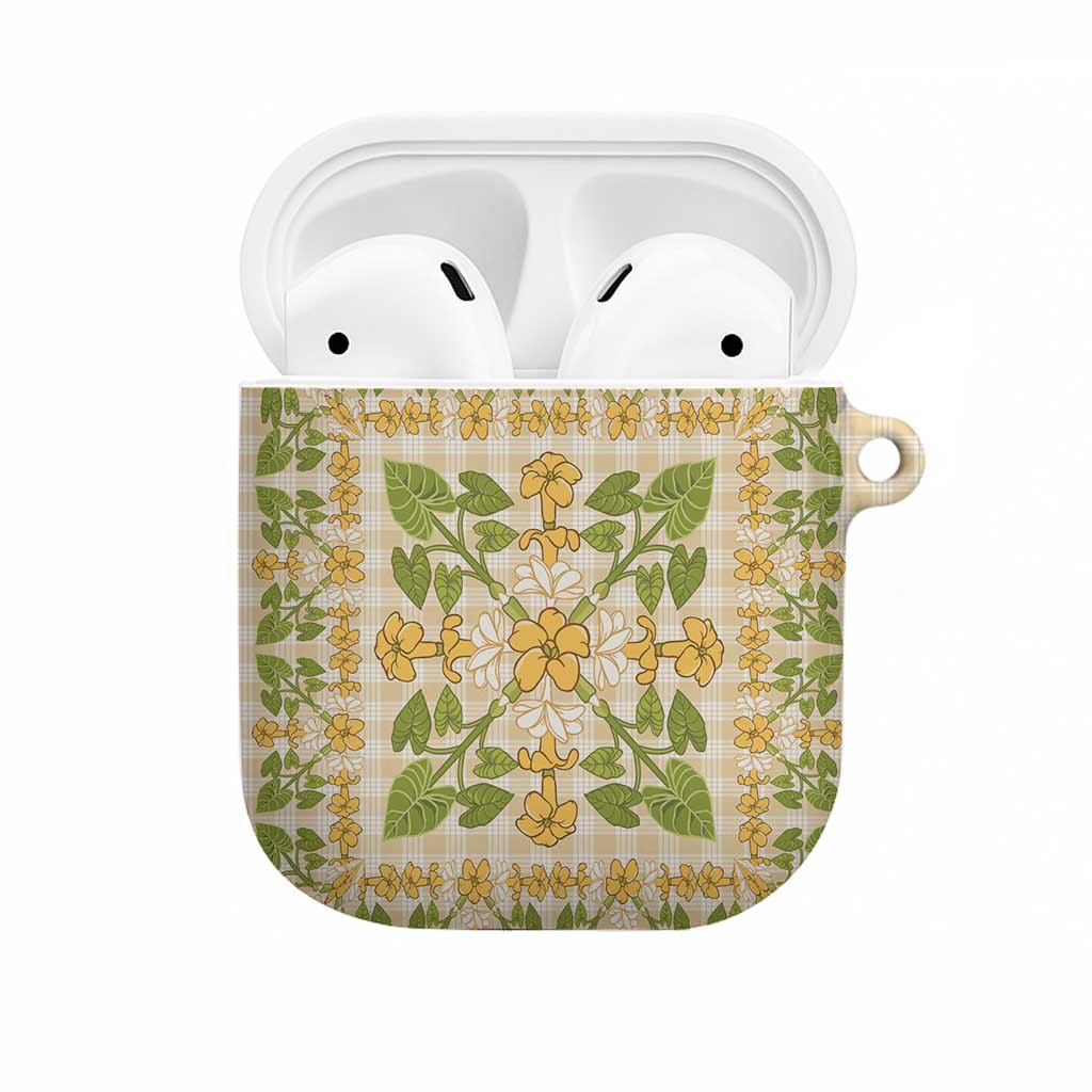 Squares Puakenikeni and Kalo AirPods Case Beige Palaka Hawaiian Quilt Pattern LT9 Beige - Polynesian Pride
