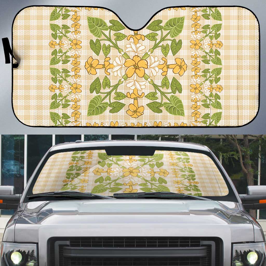 Squares Puakenikeni and Kalo Auto Sun Shade Beige Palaka Hawaiian Quilt Pattern LT9 Beige - Polynesian Pride