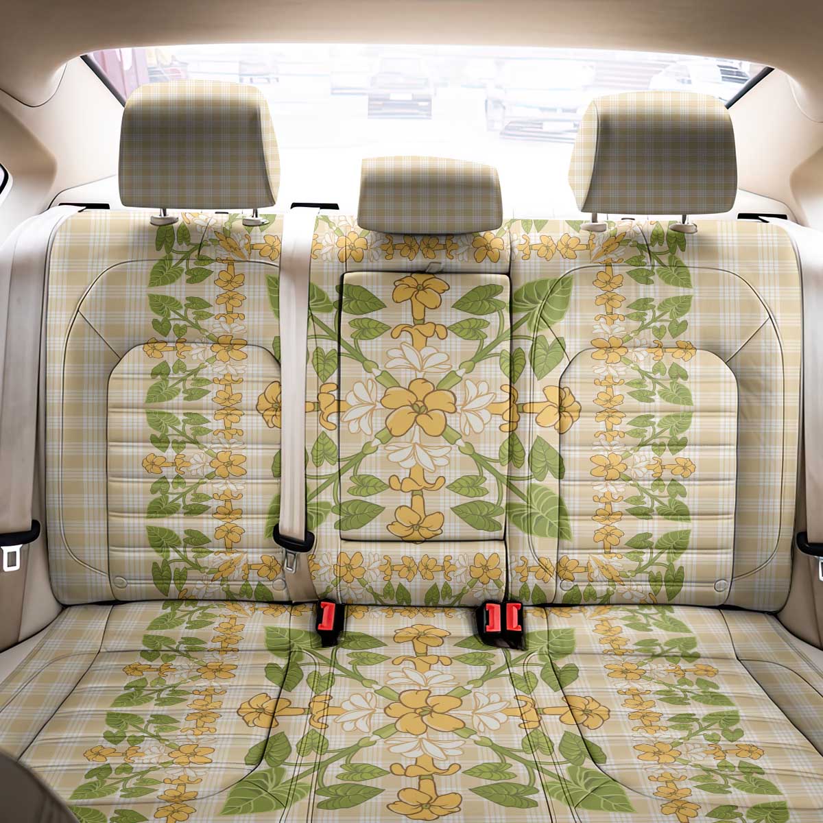 Squares Puakenikeni and Kalo Back Car Seat Cover Beige Palaka Hawaiian Quilt Pattern LT9 - Polynesian Pride