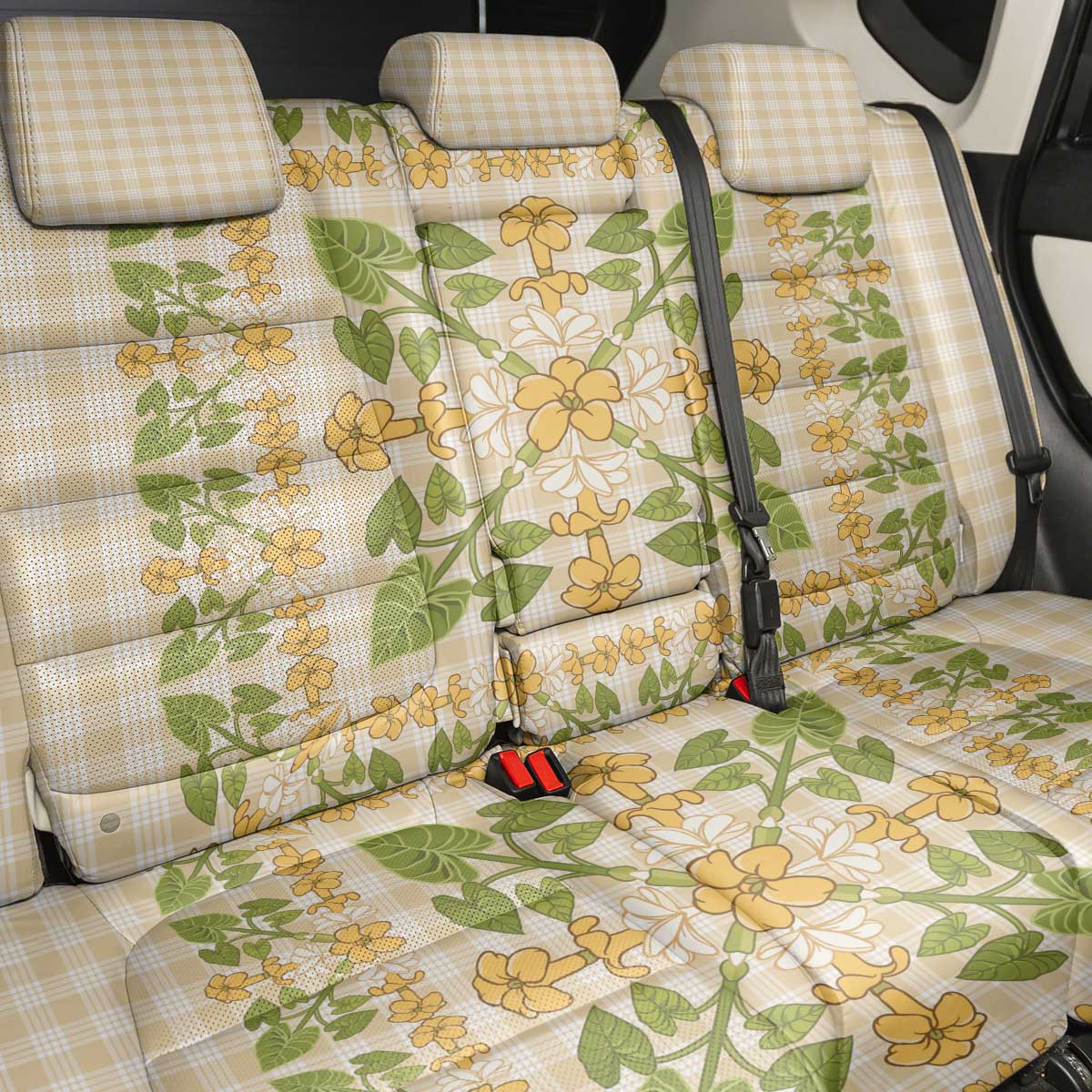 Squares Puakenikeni and Kalo Back Car Seat Cover Beige Palaka Hawaiian Quilt Pattern LT9 - Polynesian Pride