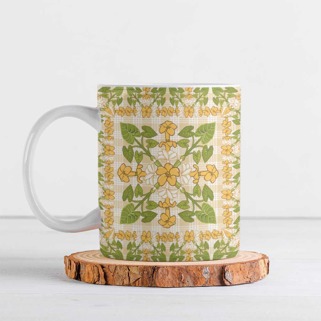Squares Puakenikeni and Kalo Ceramic Mug Beige Palaka Hawaiian Quilt Pattern LT9 Beige - Polynesian Pride