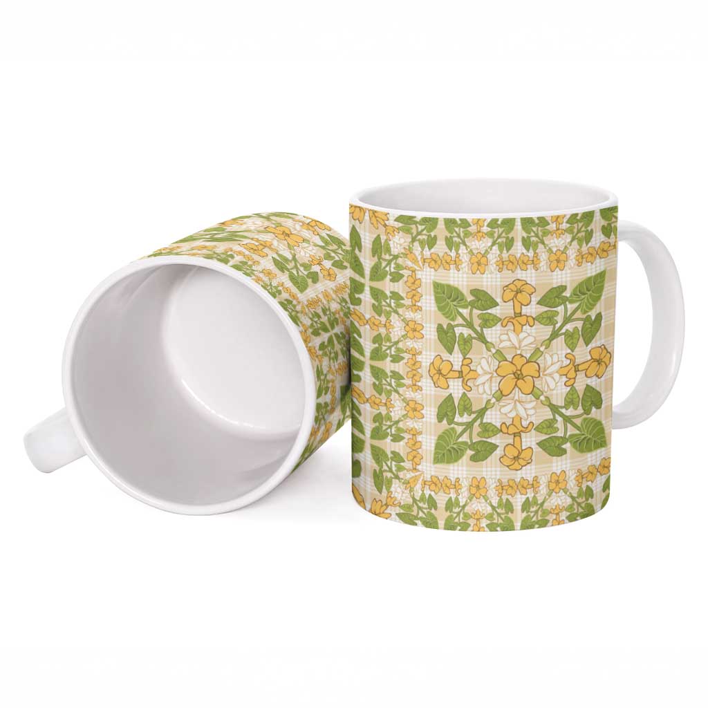 Squares Puakenikeni and Kalo Ceramic Mug Beige Palaka Hawaiian Quilt Pattern LT9 - Polynesian Pride