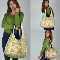 Squares Puakenikeni and Kalo Grocery Bag Beige Palaka Hawaiian Quilt Pattern LT9 - Polynesian Pride