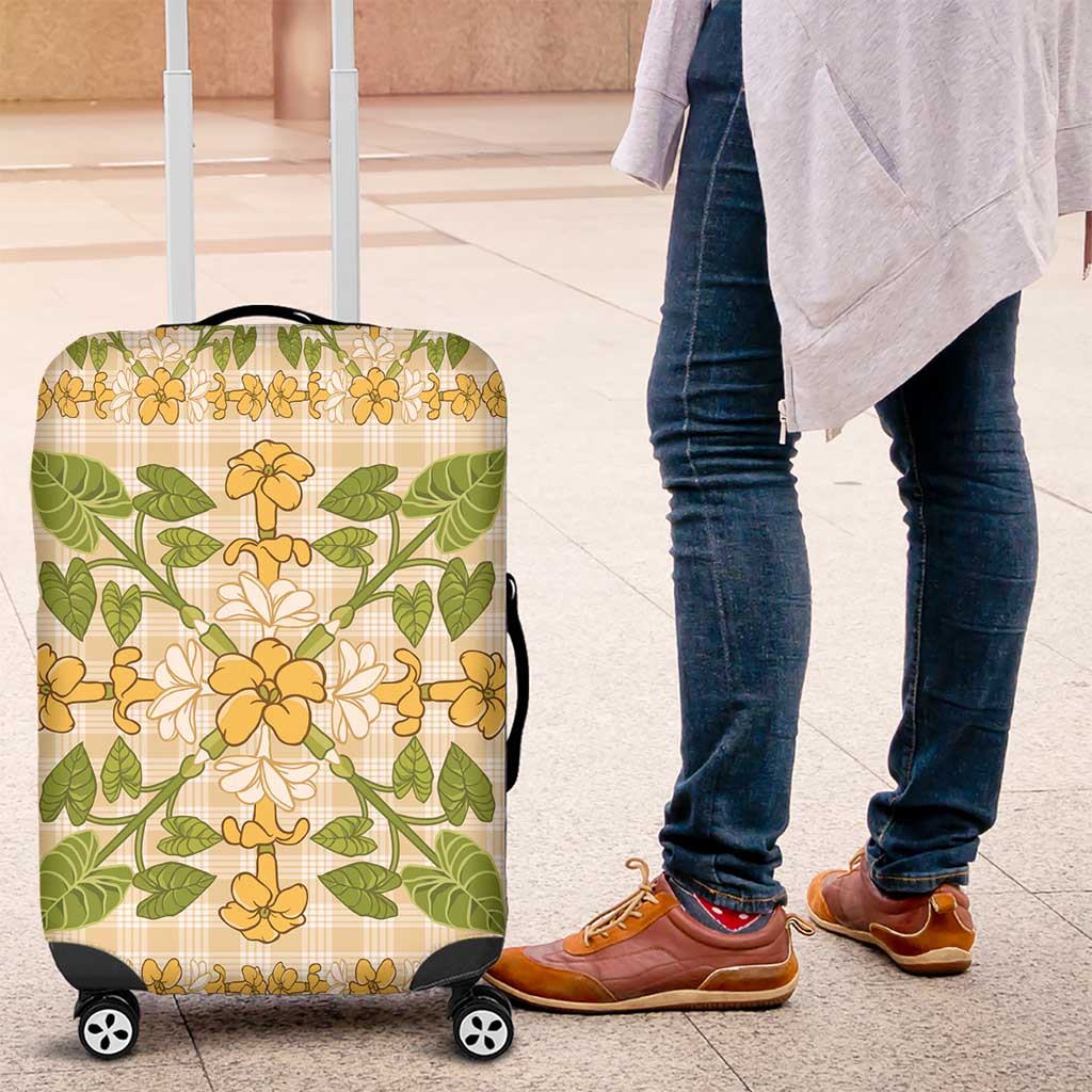 Squares Puakenikeni and Kalo Luggage Cover Beige Palaka Hawaiian Quilt Pattern LT9 Beige - Polynesian Pride