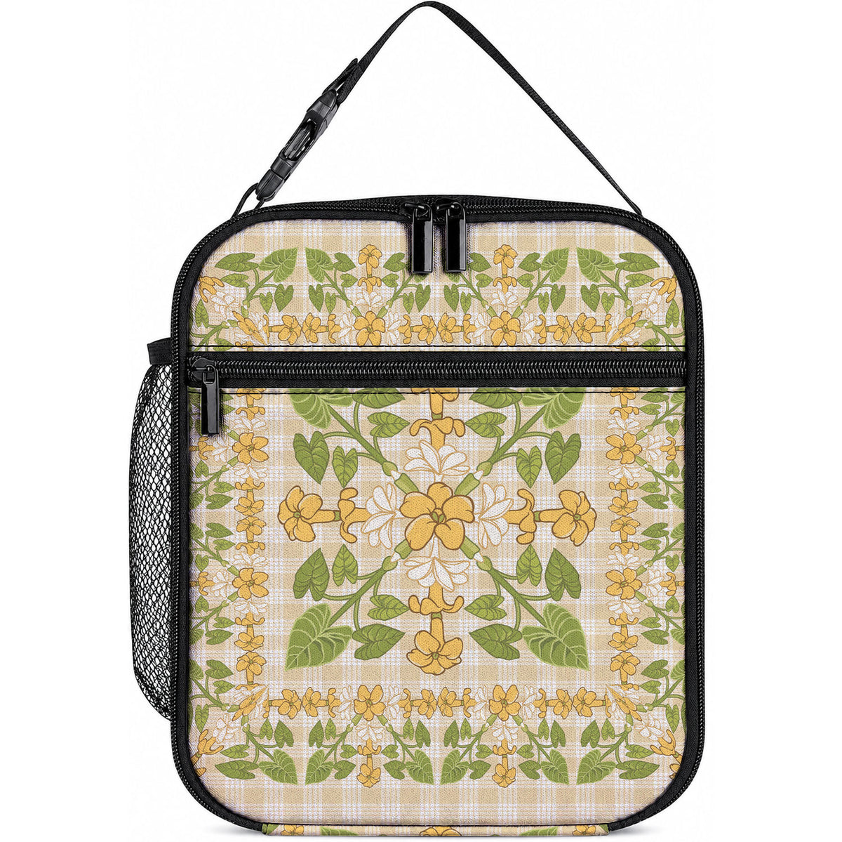 Squares Puakenikeni and Kalo Lunch Bag Beige Palaka Hawaiian Quilt Pattern LT9 10.2 × 8.3 × 4.3 inch Beige - Polynesian Pride