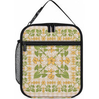 Squares Puakenikeni and Kalo Lunch Bag Beige Palaka Hawaiian Quilt Pattern LT9 10.2 × 8.3 × 4.3 inch Beige - Polynesian Pride