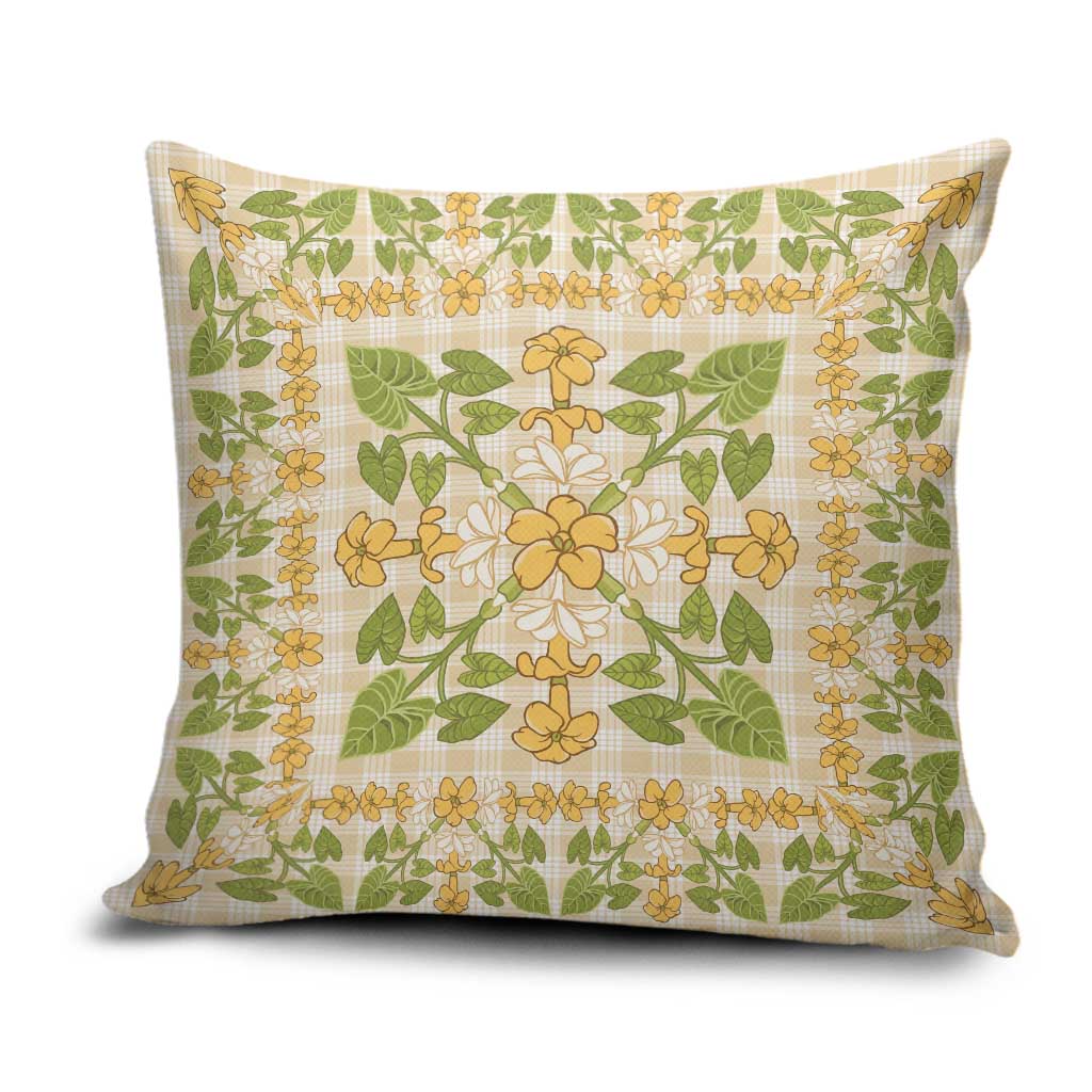 Squares Puakenikeni and Kalo Pillow Cover Beige Palaka Hawaiian Quilt Pattern LT9 Beige - Polynesian Pride