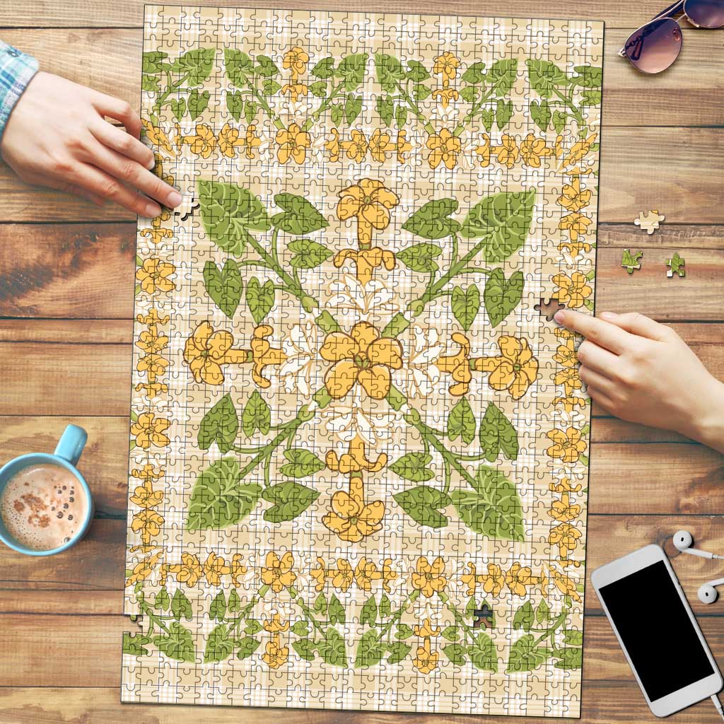 Squares Puakenikeni and Kalo Puzzle Beige Palaka Hawaiian Quilt Pattern LT9 Beige - Polynesian Pride