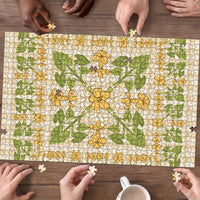 Squares Puakenikeni and Kalo Puzzle Beige Palaka Hawaiian Quilt Pattern LT9 - Polynesian Pride