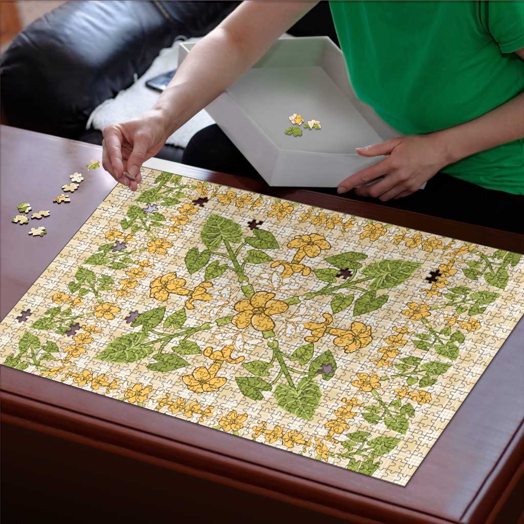 Squares Puakenikeni and Kalo Puzzle Beige Palaka Hawaiian Quilt Pattern LT9 - Polynesian Pride