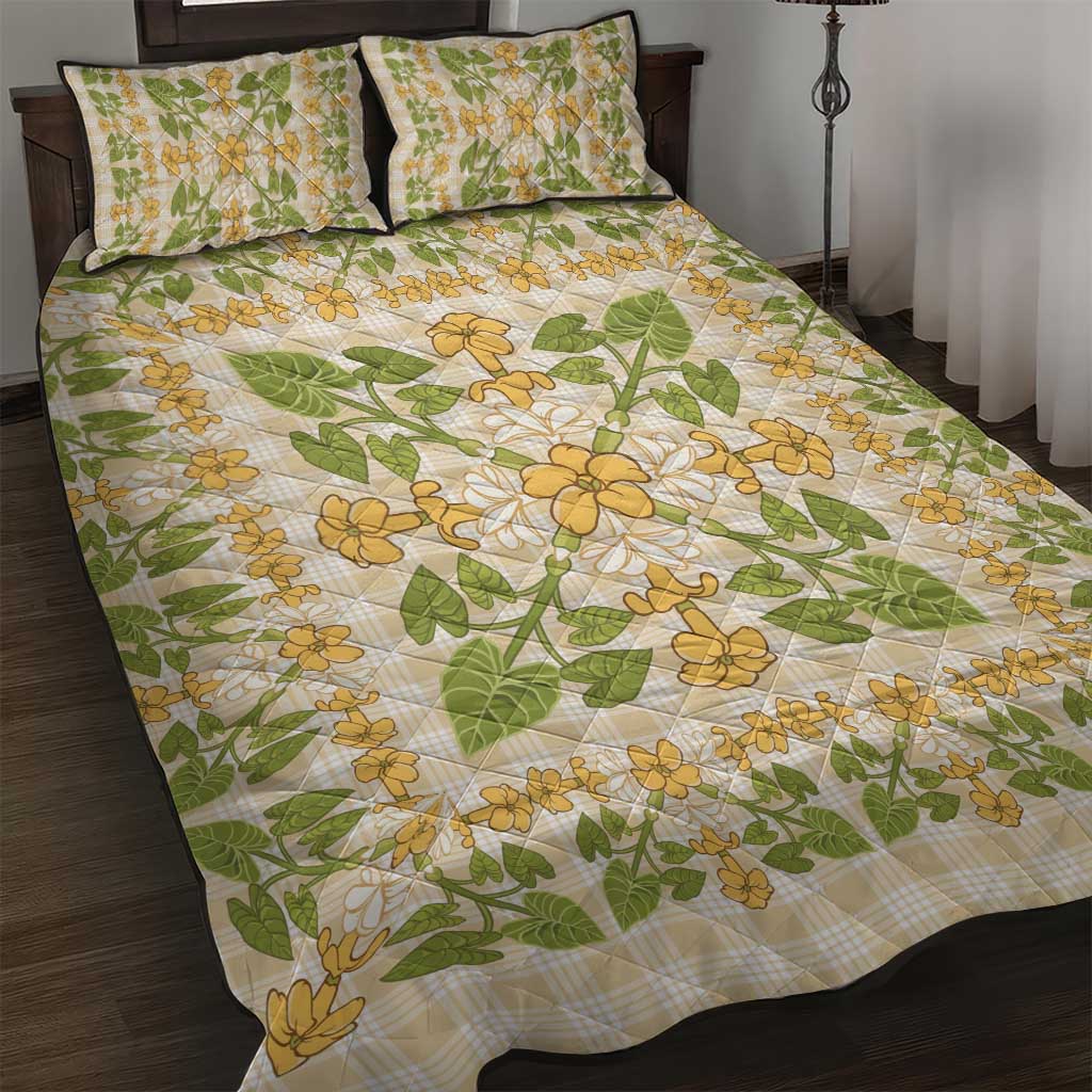 Squares Puakenikeni and Kalo Quilt Bed Set Beige Palaka Hawaiian Quilt Pattern LT9 Beige - Polynesian Pride