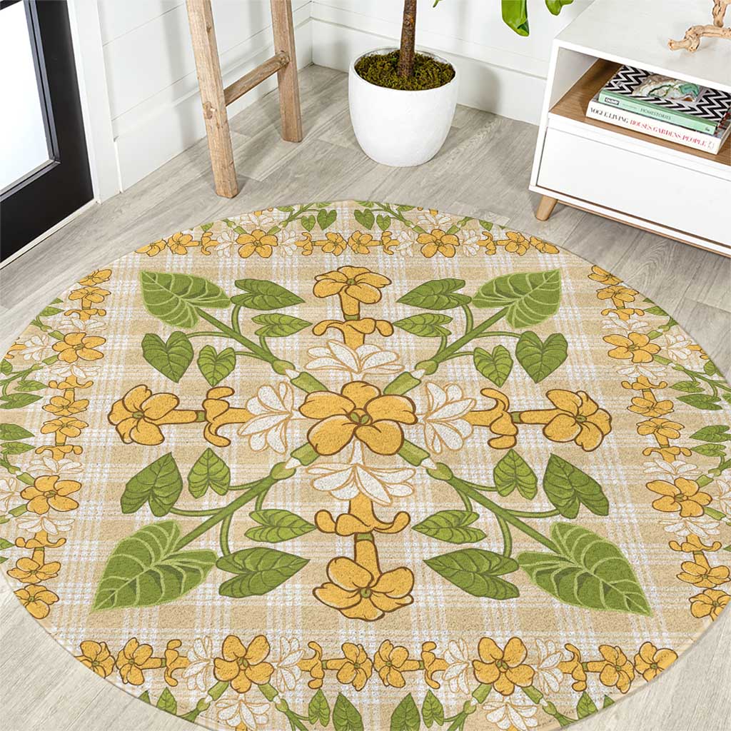 Squares Puakenikeni and Kalo Round Carpet Beige Palaka Hawaiian Quilt Pattern LT9 Beige - Polynesian Pride