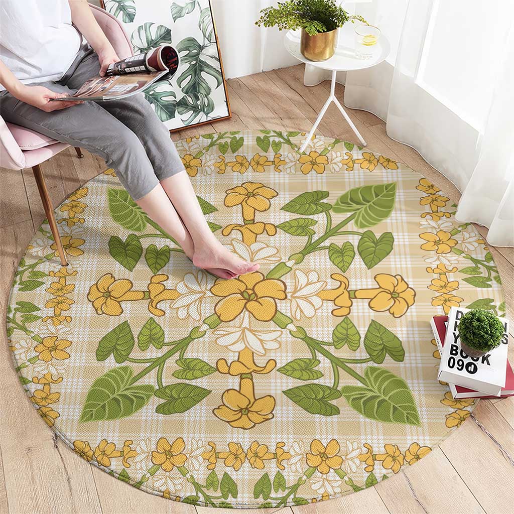 Squares Puakenikeni and Kalo Round Carpet Beige Palaka Hawaiian Quilt Pattern LT9 - Polynesian Pride
