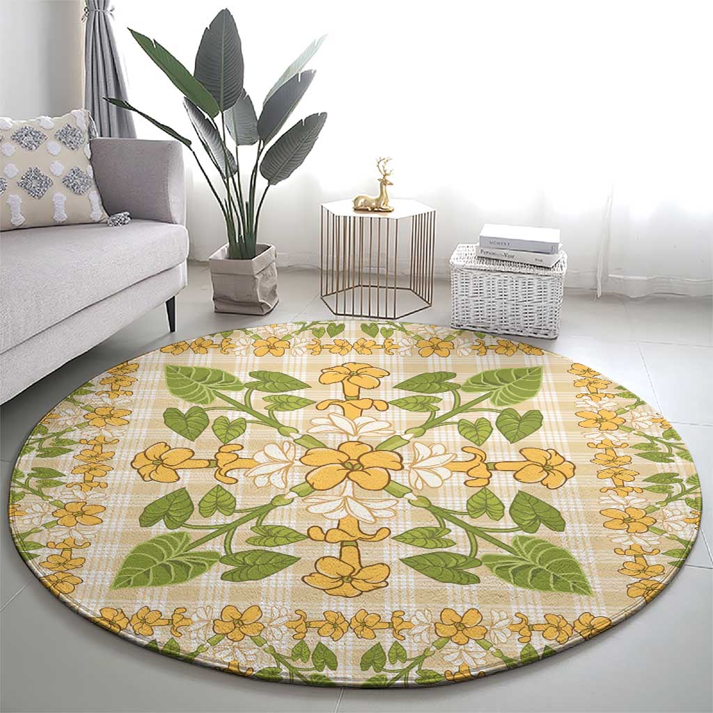 Squares Puakenikeni and Kalo Round Carpet Beige Palaka Hawaiian Quilt Pattern LT9 - Polynesian Pride